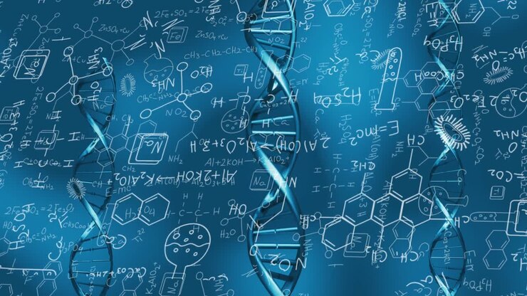 Animação de DNA girando sobre fórmulas químicas em fundo azul