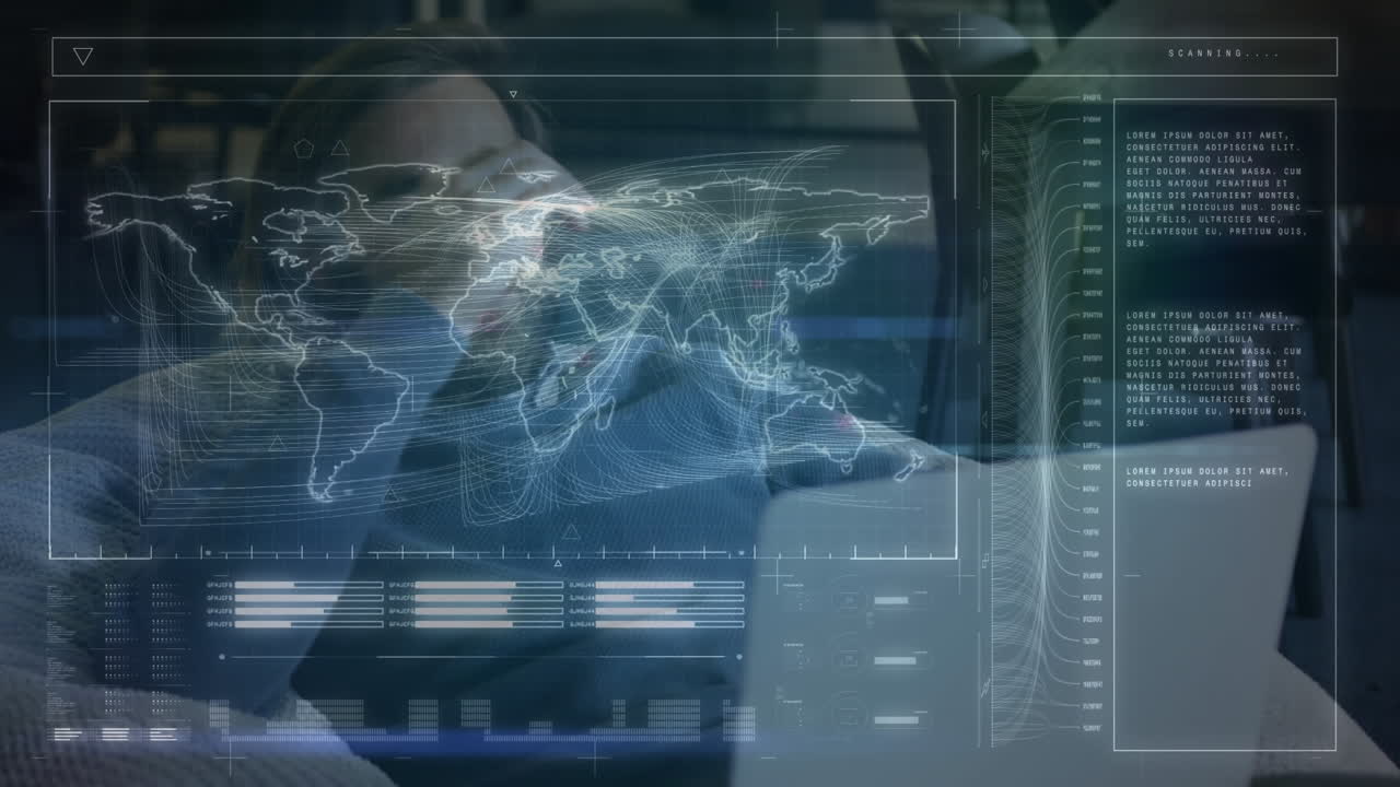 Animation of world map with data processing over caucasian businessman using laptop
