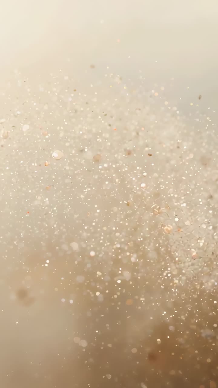 Video verticale: Telecamera che sposta la messa a fuoco, sollevando particelle lucide in studio e creando un bokeh beige.