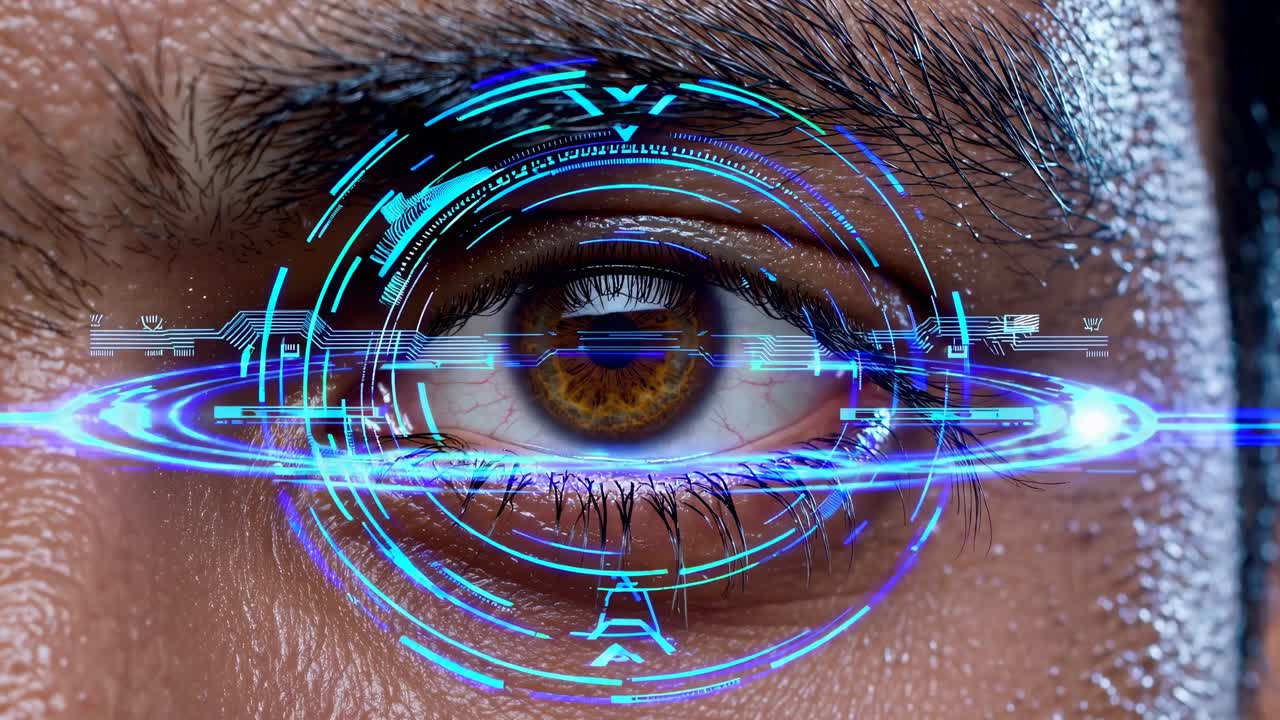 Close-up of a human eye with futuristic digital overlays, featuring a dynamic, immersive