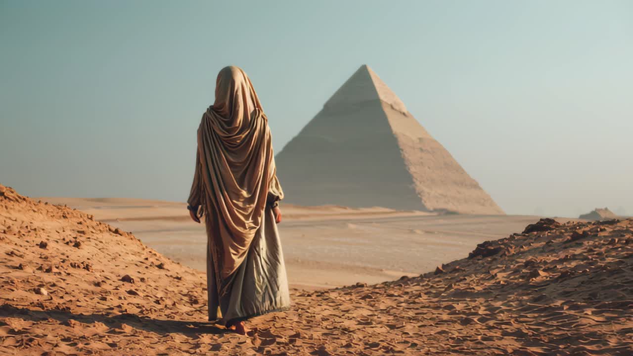 Cinematic wide shot of a lone traveler in a hooded robe walking across sandy desert toward a massive ancient pyramid, evoking history, mystery, and adventure