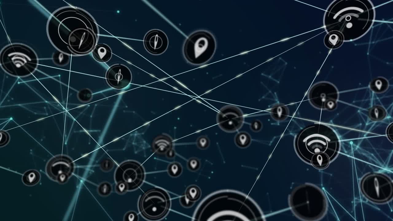Animation of network of connections with icons over dark blue background
