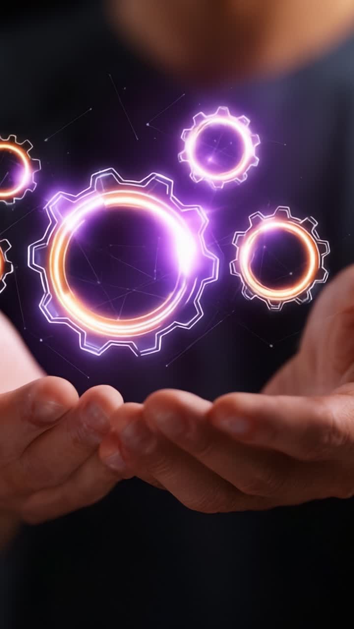 A person holds glowing, futuristic gears in their hands, symbolizing technology, innovation, and the connection between humans and machines in a digital era