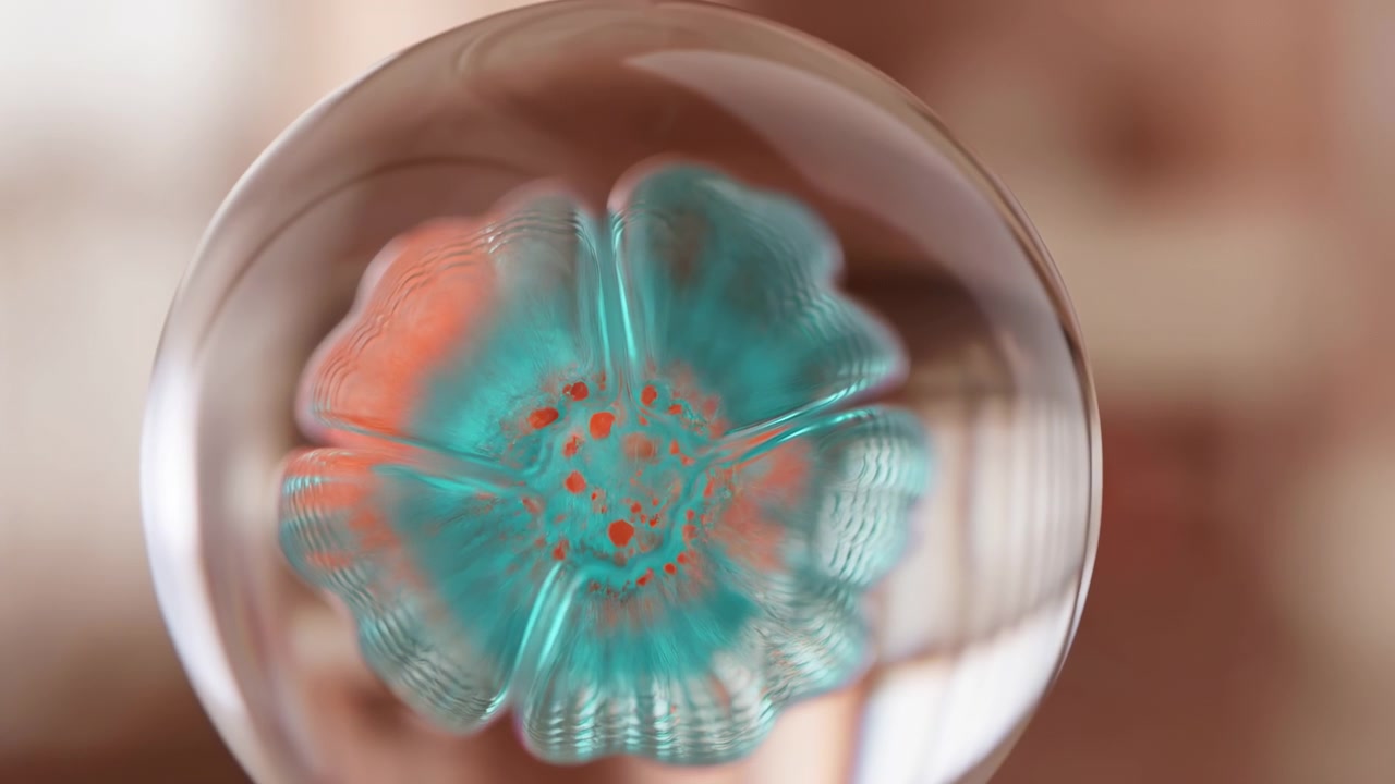 Bocciolo di fiore che sboccia in una sfera trasparente, da una prospettiva ravvicinata, con accenti blu e arancioni, e un'atmosfera calma e serena, con un contesto quotidiano intorno.