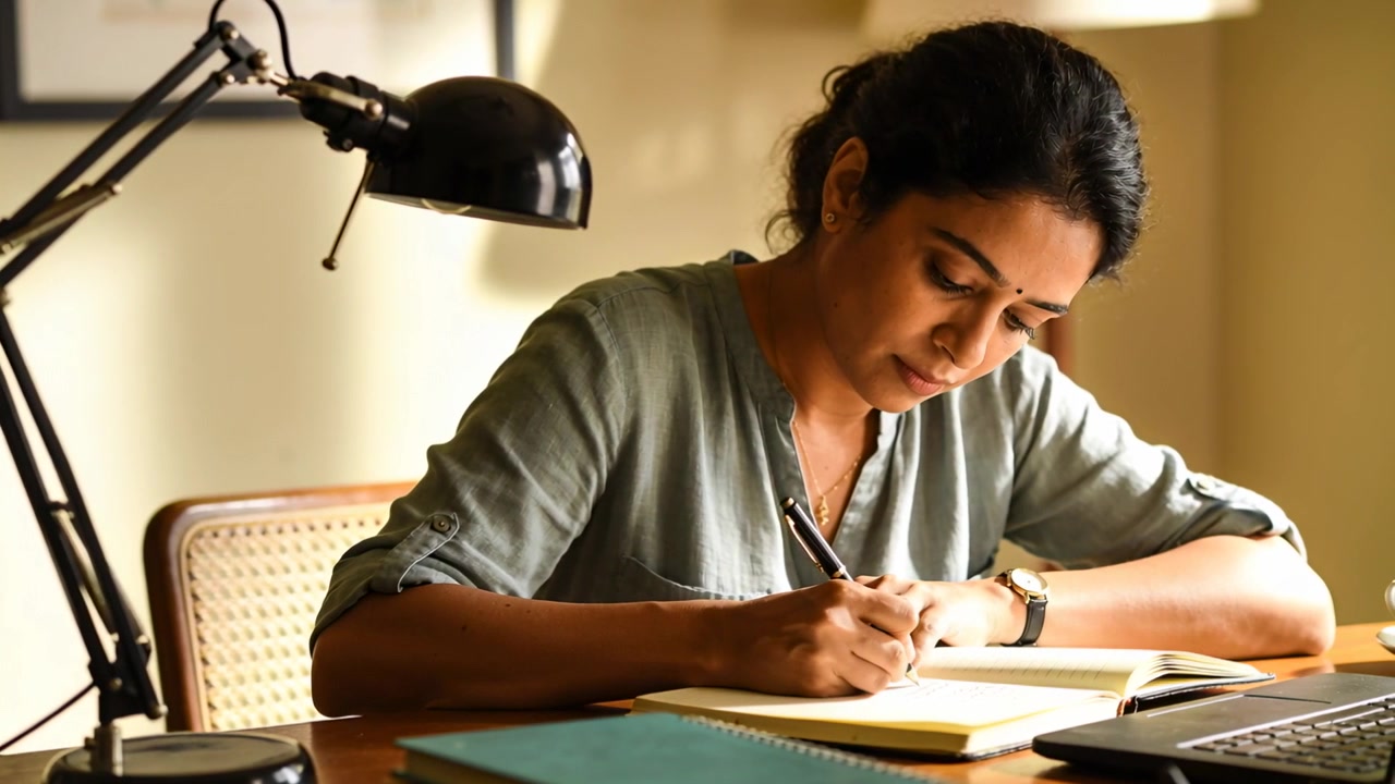 Glancing then writing notes, woman in rolled sleeves shirt at home desk, turquoise notebook, pen