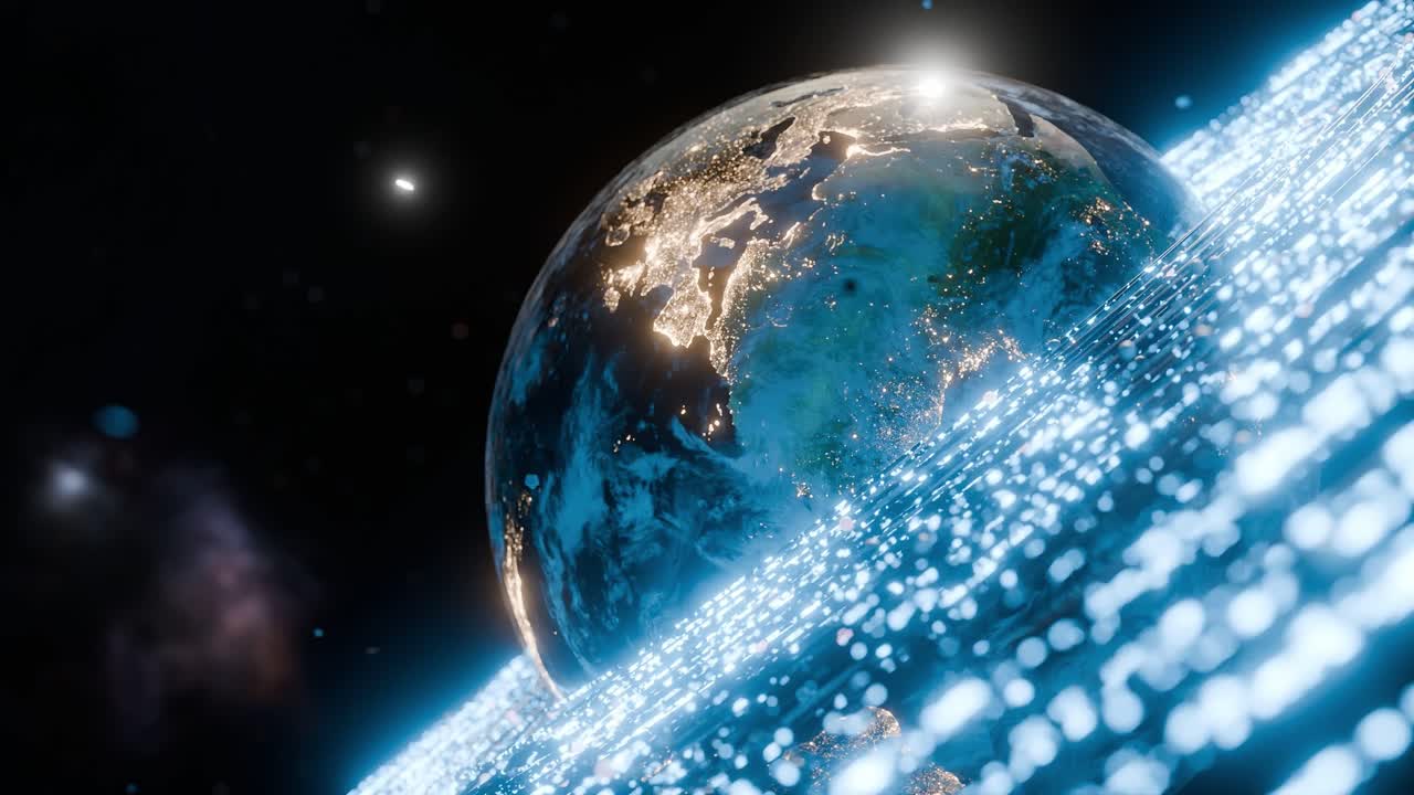 Glowing Earth showing illuminated Africa with blue digital particles in outer space. 3D rendering with night lights and energy wave. Futuristic technology and global connection concept