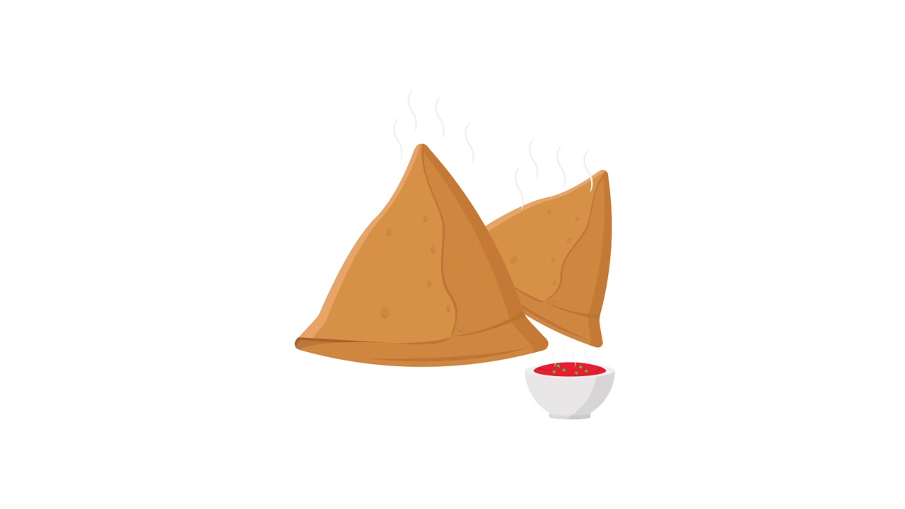 Animazione di samosa indiani fumanti con chutney rosso
