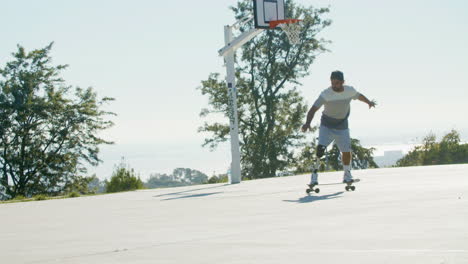 bearded middle-aged guy with leg prosthesis skateboarding