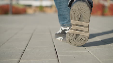 rear close up of person walking along interlocked pavement path with shadow cast on sunny ground and background featuring soft blur of red bushes and distant structures