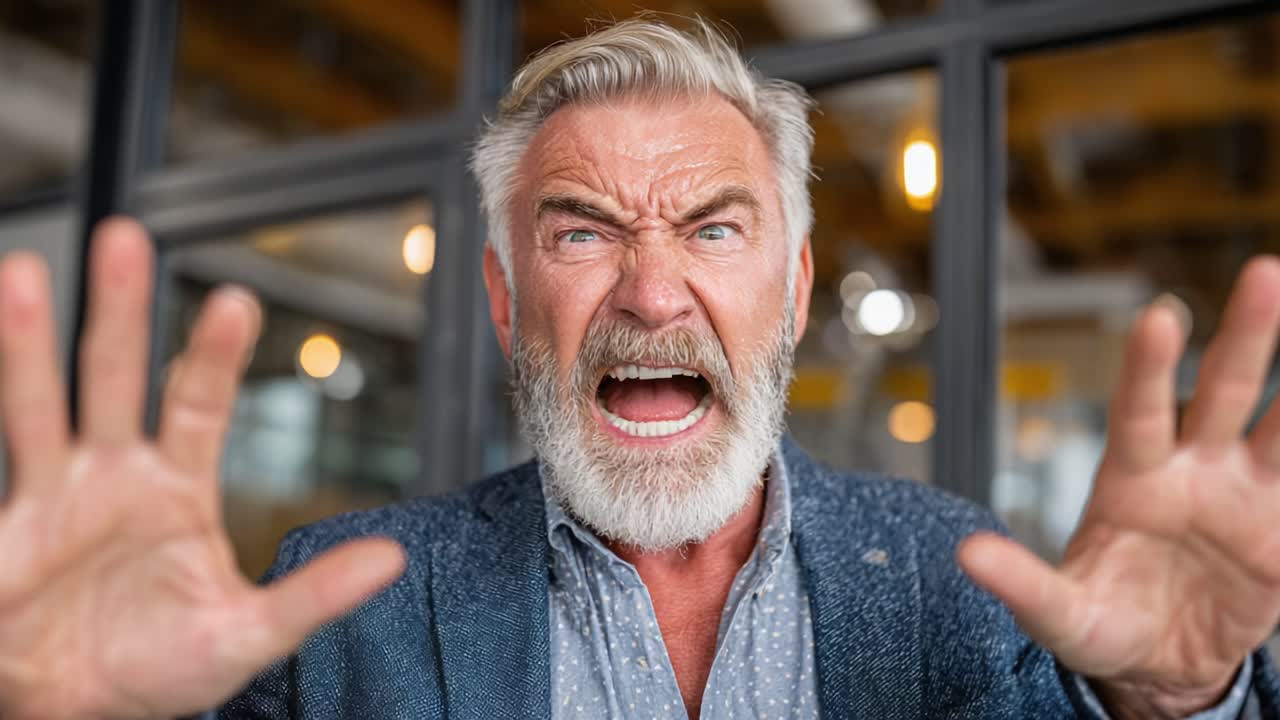 Intense Emotional Outburst: A Man Expresses Anger and Frustration with Outstretched Hands, Captured in Two Dramatic Frames from a Video Series