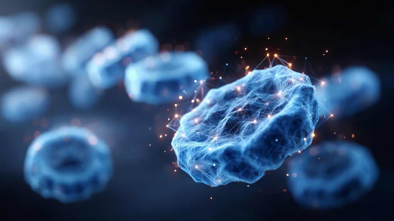 Una visualizzazione straordinaria di nanoparticelle blu in movimento, che illustra le loro complesse strutture e le reti interconnesse in un regno digitale dinamico.
