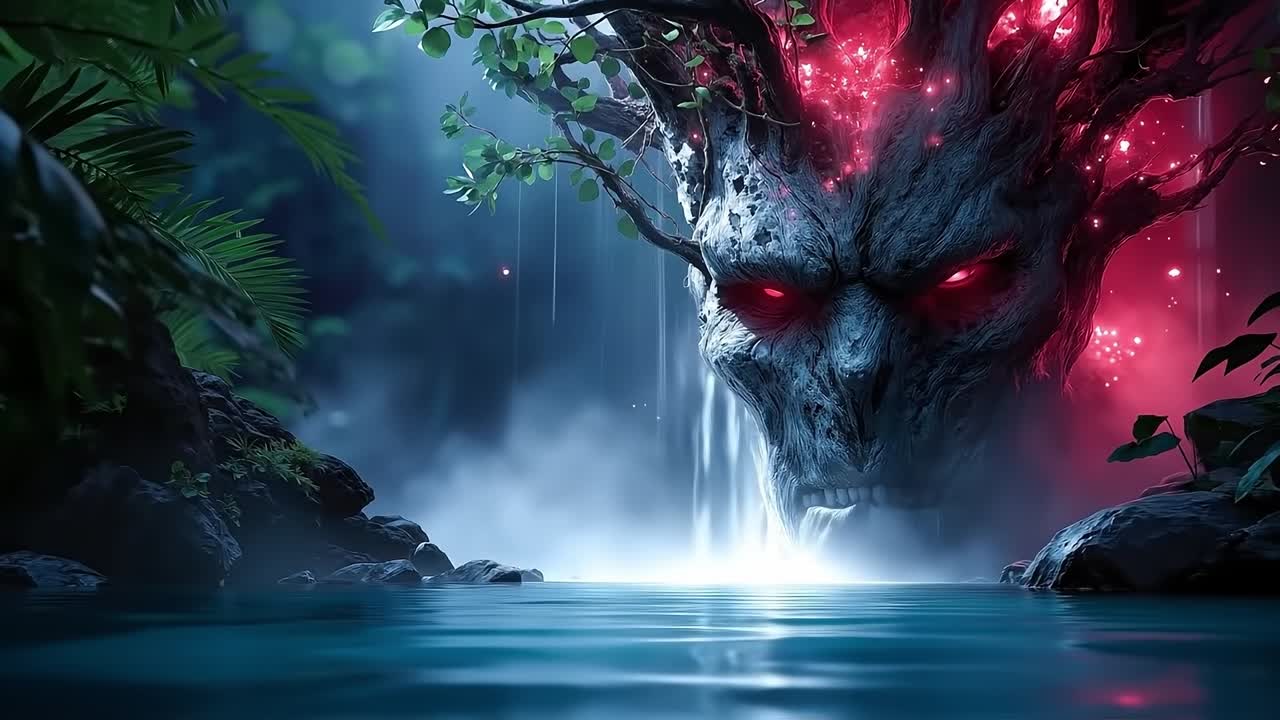 A tree with red eyes in the middle of a forest