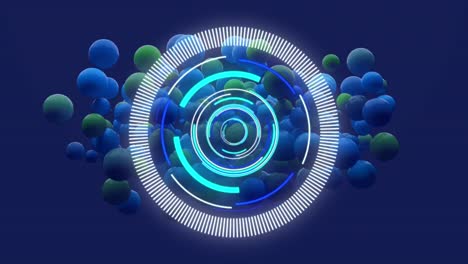 Animation-of-scope-scanning-over-multiple-green-and-blue-balls-on-blue-background