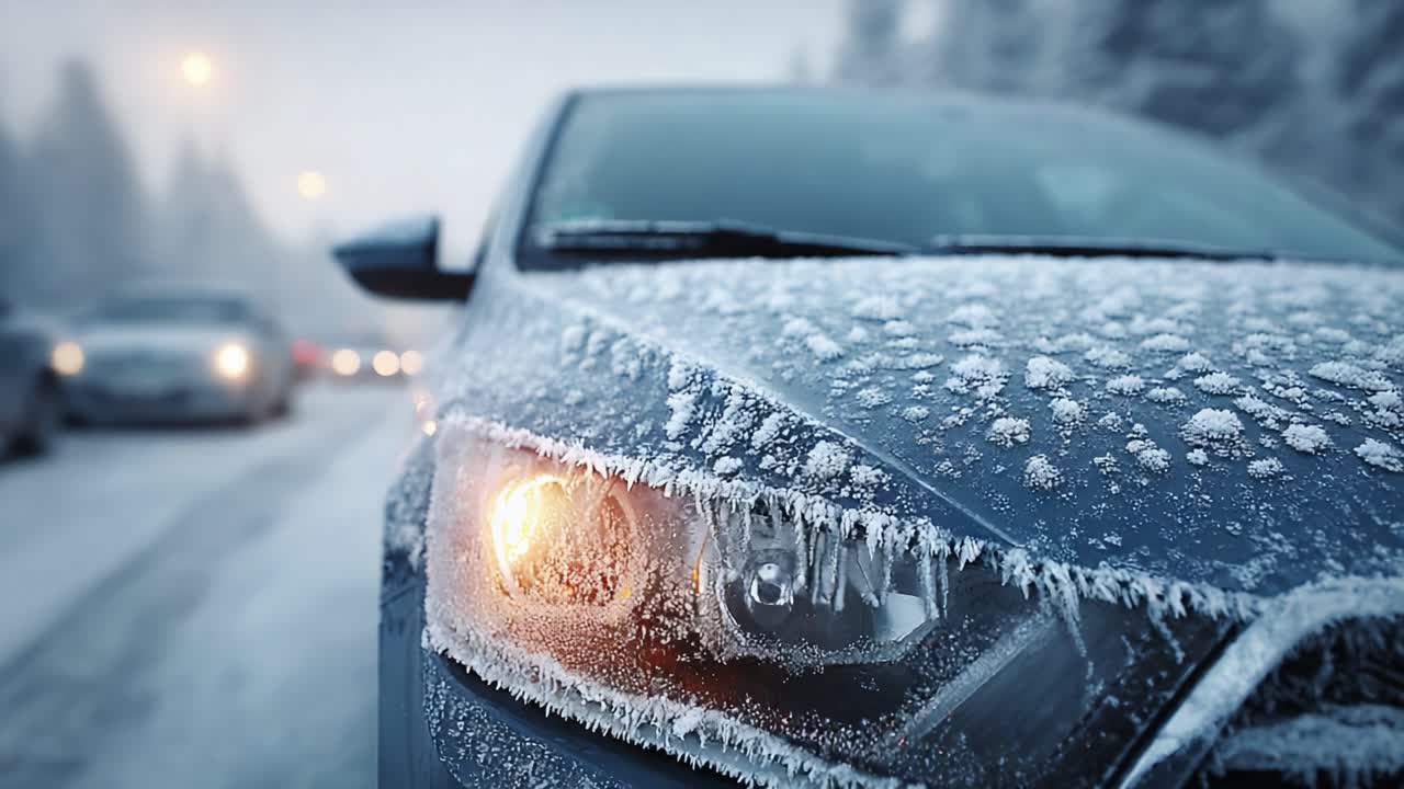 A Frozen Landscape: Capturing the Beauty of an Icy Car in a Snowy Environment with Frost-Covered Details and Dull Winter Lighting