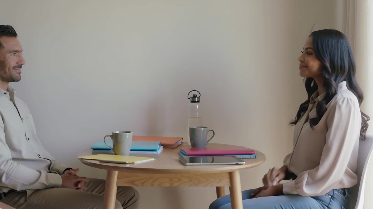 Reaching woman in blouse, jeans sliding green mug toward man at home, water bottle, copy space
