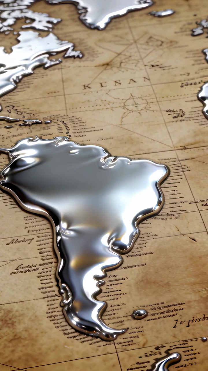 Video verticale: Versamento di argento fuso che crea una pozza a forma di Sud America su una griglia di mappa antica, lasciando una goccia