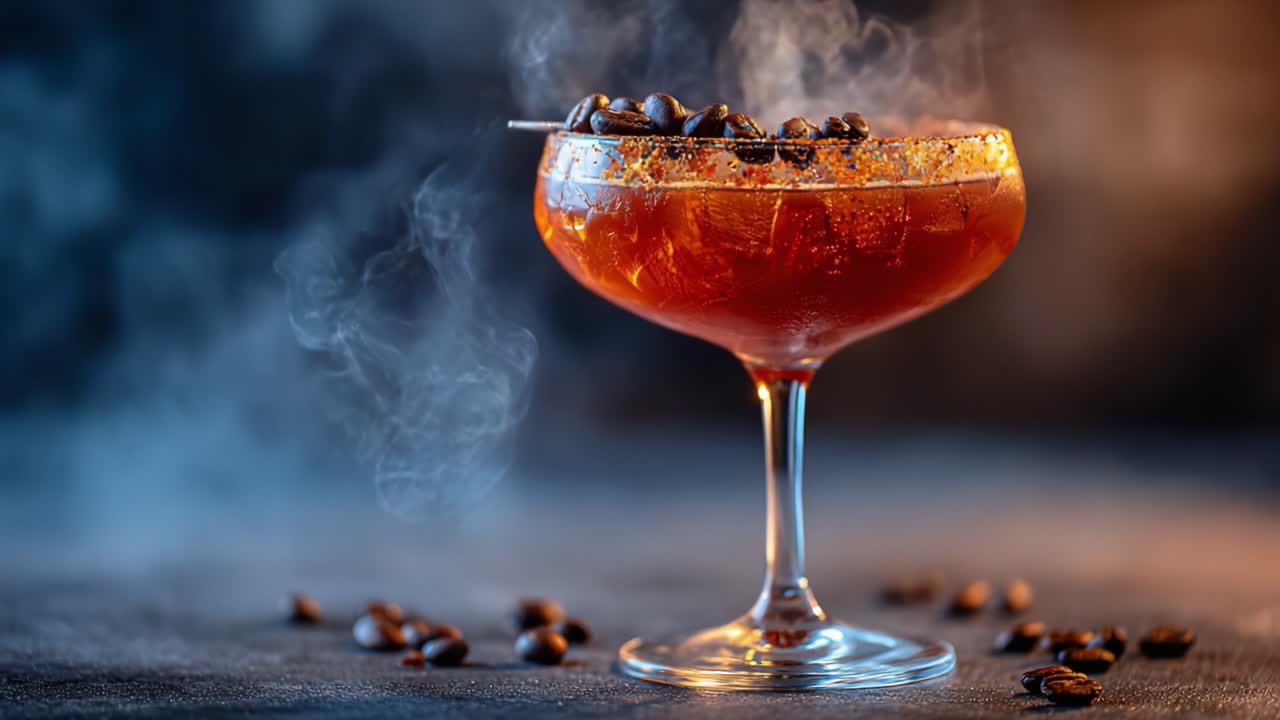A captivating close-up of a beautifully crafted cocktail with aromatic coffee beans, showcasing the rich colors and steam rising for a tantalizing drinking experience