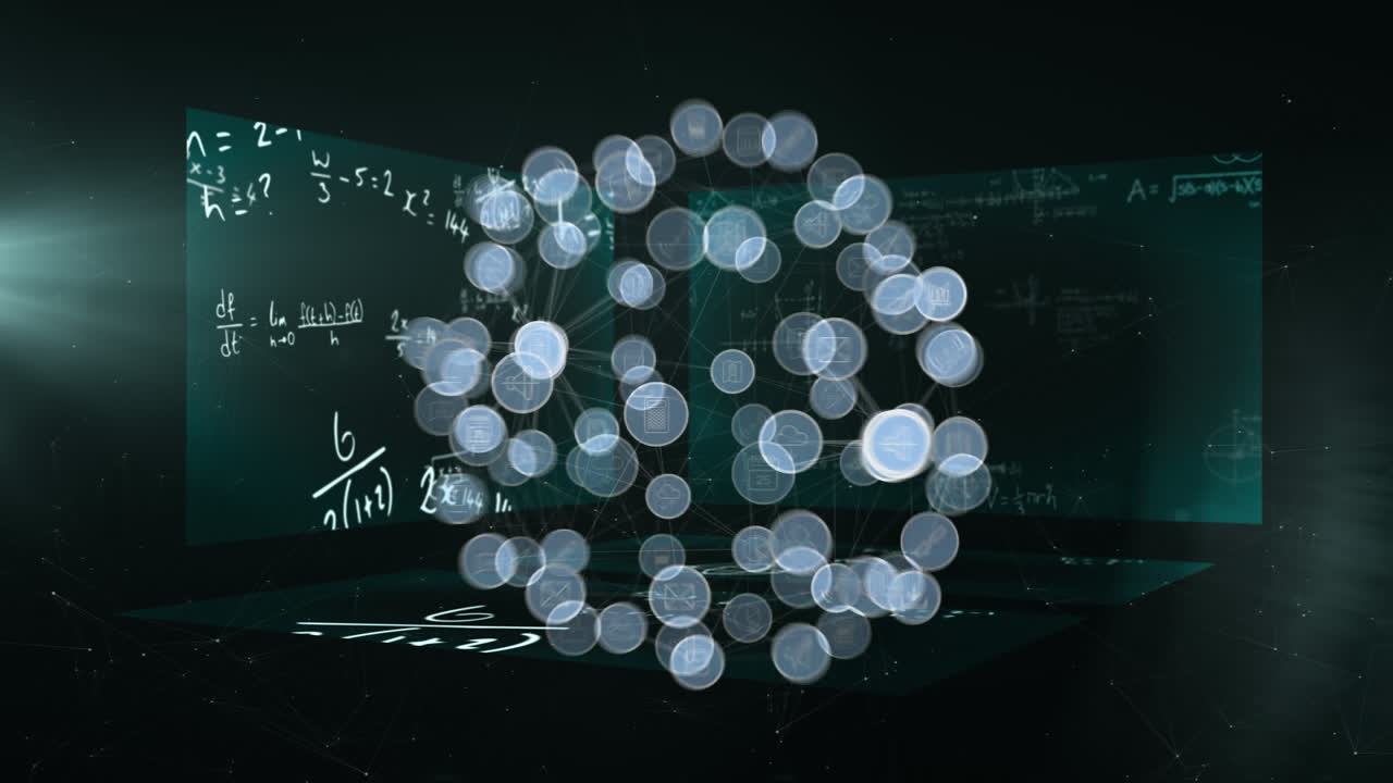 Animation of a web of connections with icons over three boards with mathematical formulae 