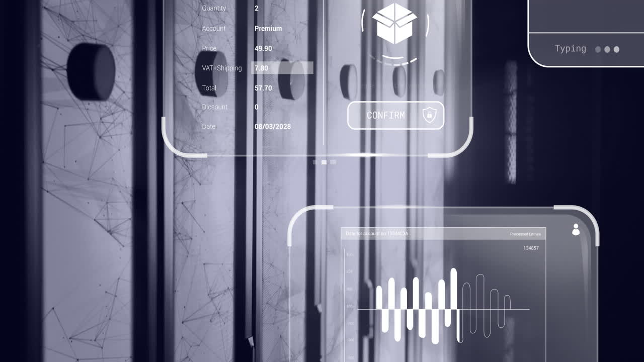 Graphs and data animation overlaying industrial storage units in warehouse