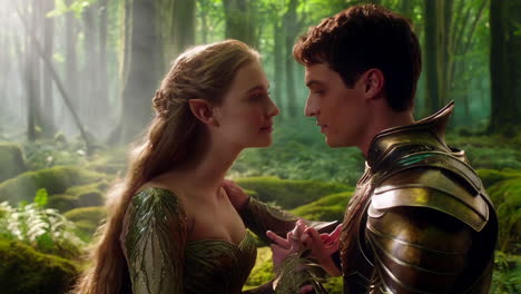 a romantic encounter between an elf and a warrior in an enchanted forest