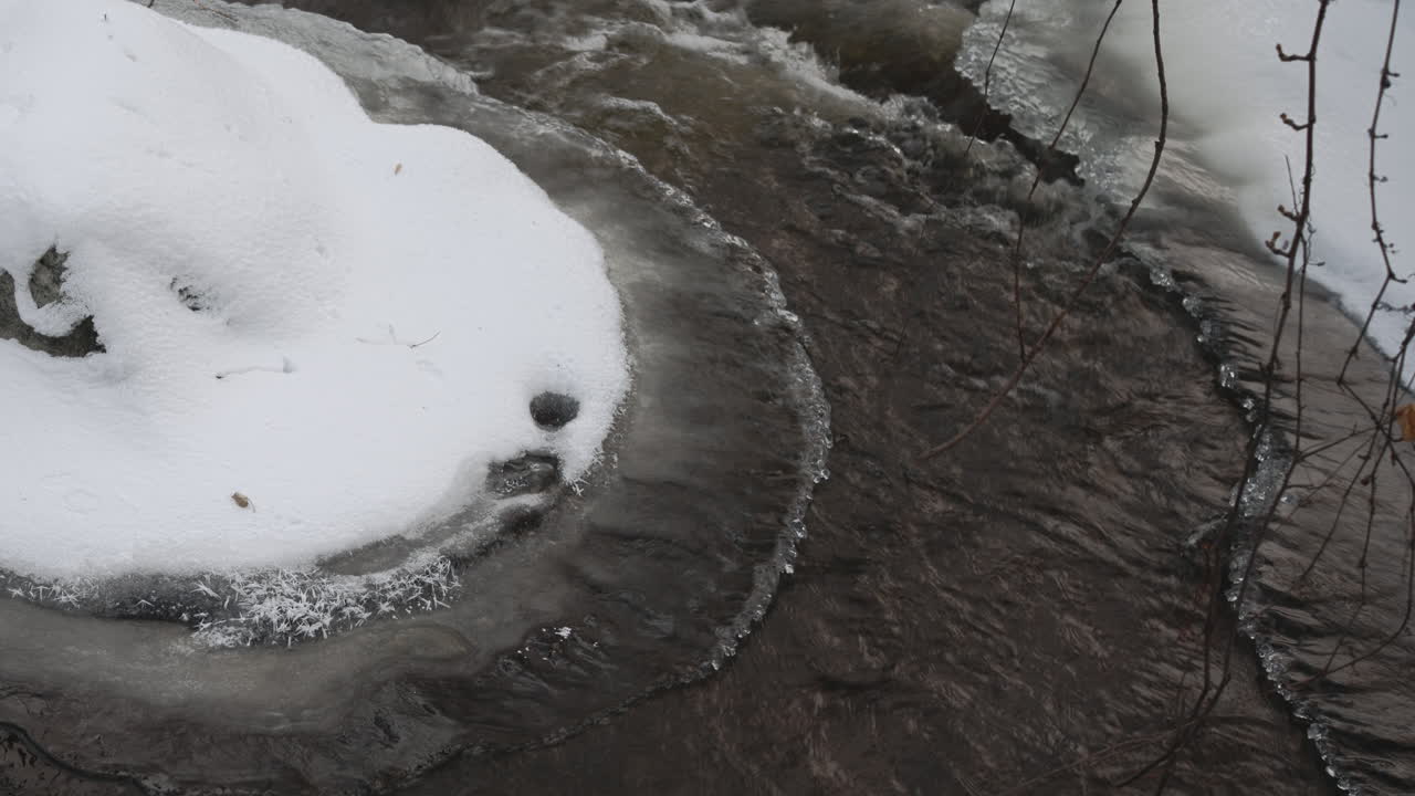Motivi di ghiaccio traslucido altamente dettagliati tracciano il confine tra lo scioglimento della neve e un fiume impetuoso durante l'ultimo disgelo invernale, mentre la camera segue delicatamente il bordo del ghiaccio all'inizio della primavera