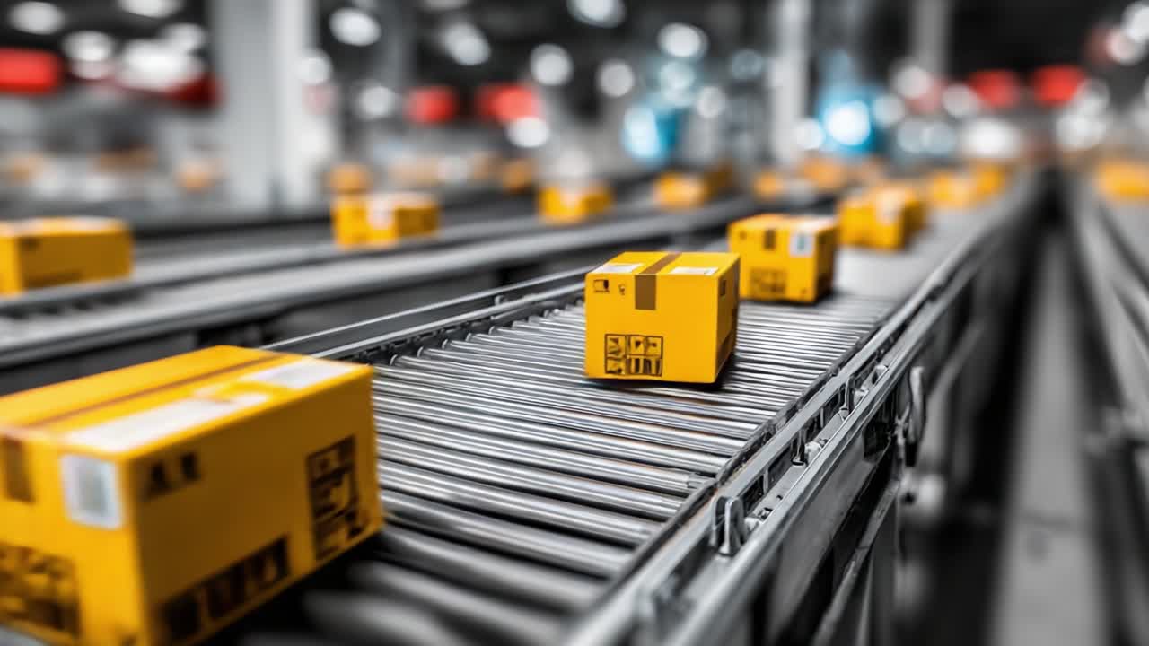 A Stream of Yellow Packages on a Conveyor Belt in a Modern Warehouse Environment, Signifying E-commerce and Logistics Efficiency in Package Handling and Delivery Processes