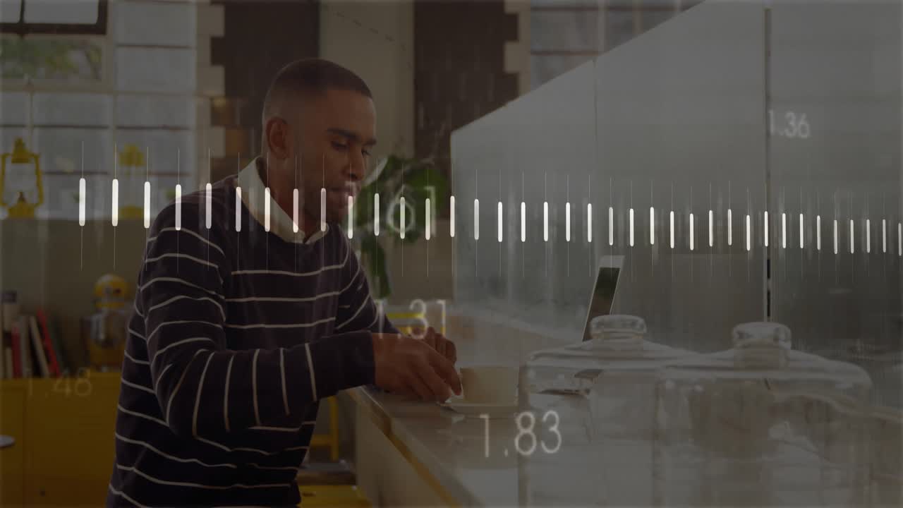 Man holding coffee cup using laptop at marble cafe counter, showing audio tech equalizer overlay