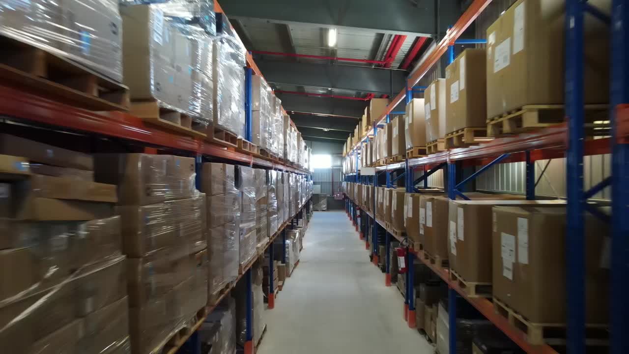 Automated warehouse system transporting cardboard boxes along high shelves, showcasing efficient logistics and inventory management within modern distribution center operations