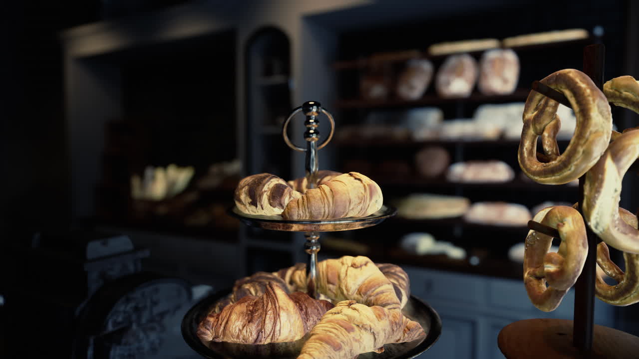 Nahaufnahme einer Bäckereiauslage mit Croissants und Brezeln