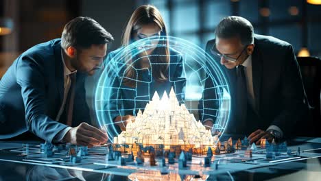 business professionals analyzing a 3d model during a late-night meeting