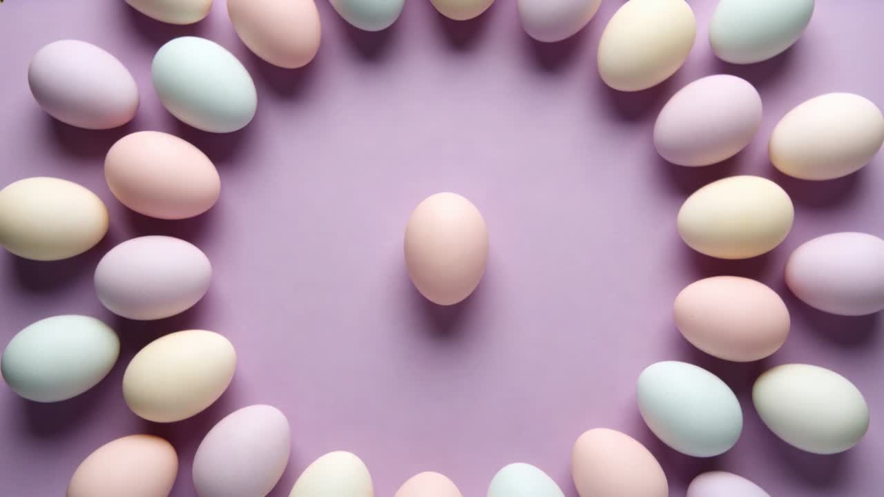 Zoom della fotocamera, anello di uova che si sposta in senso orario attorno a un uovo pastello centrale su sfondo lavanda, che mostra calma.