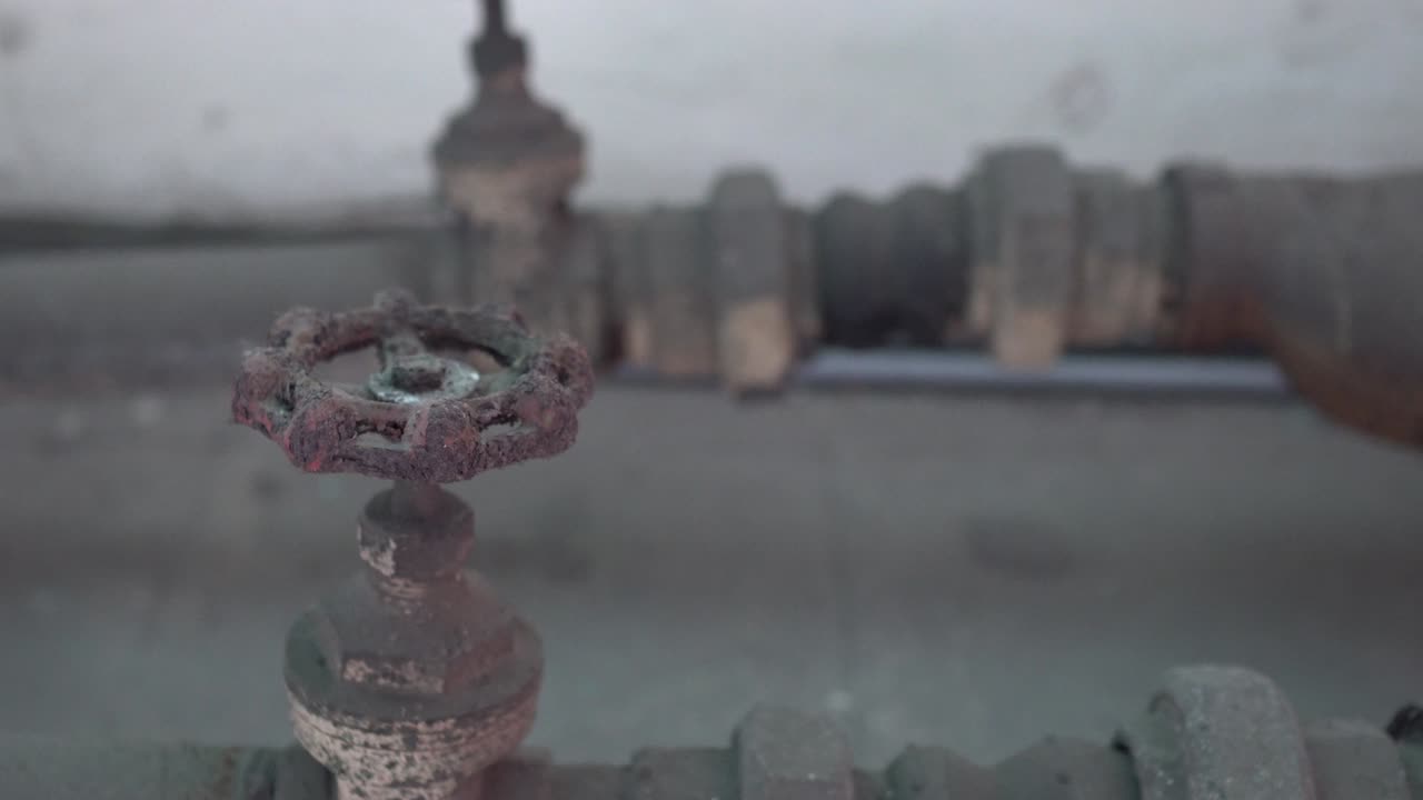 Old and rusted water pump motor and pipes. Tilt shot from bottom to top.