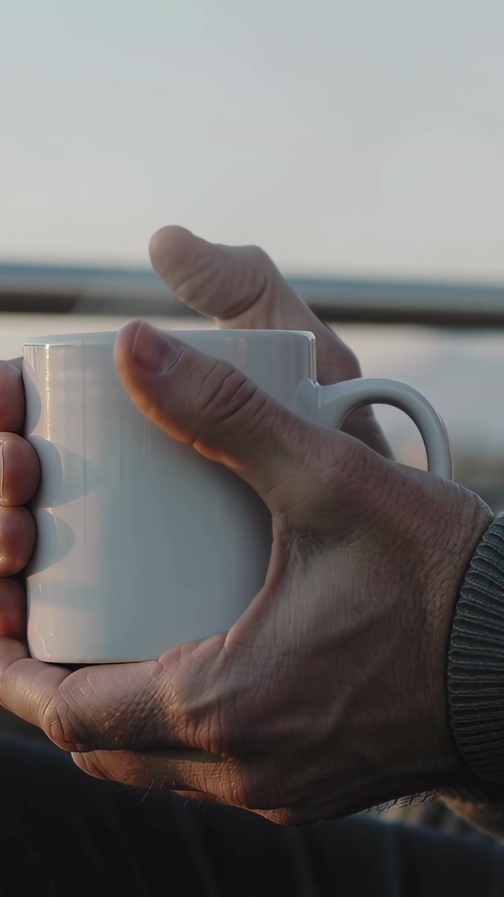 Vertical video: Holding older male hands adjusting grip on deck railing, sun warming