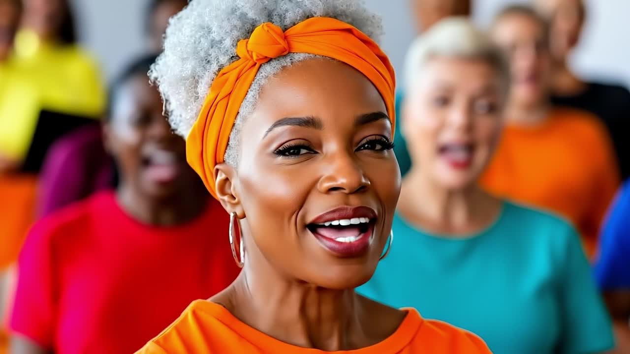 A group of women in bright orange shirts and headbands smiles at the camera