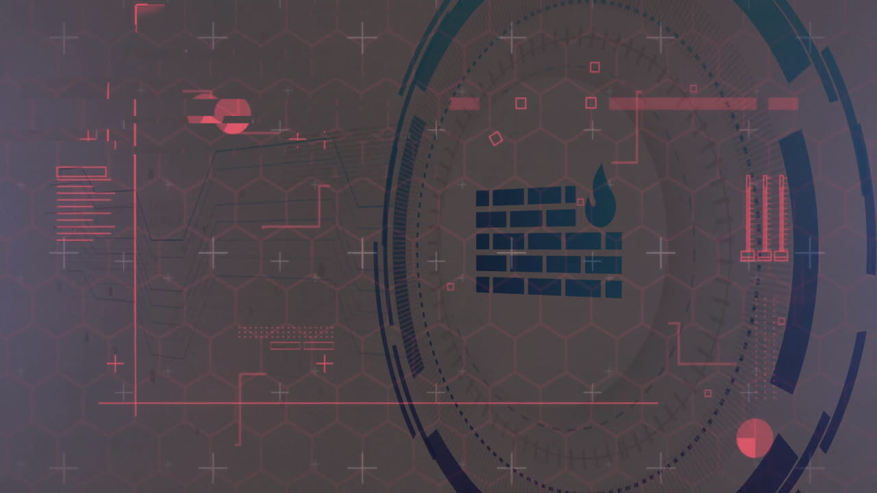 Firewall icon floating above hex grid, emitting red pink arcs, rotating crosshairs, sliders