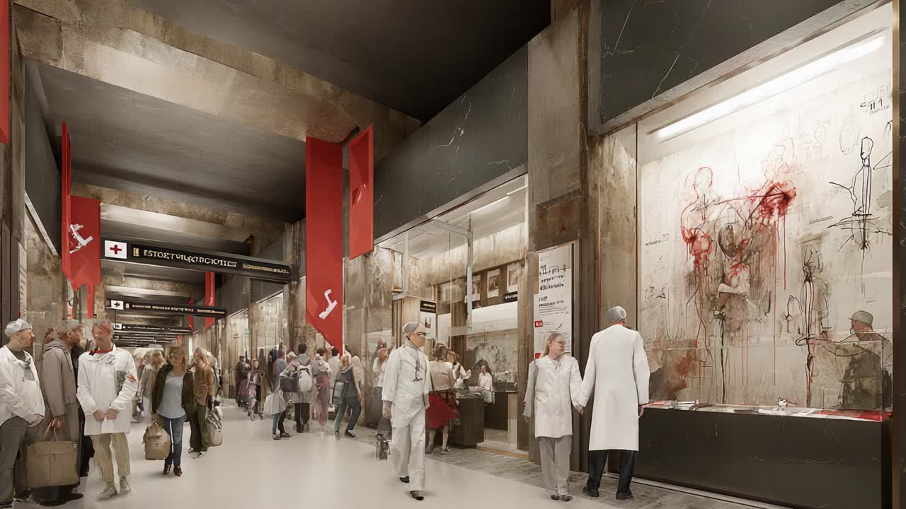 A bustling interior of a modern medical facility featuring healthcare professionals and patients navigating through a contemporary urban environment