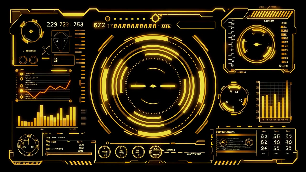 Animeret futuristisk digital grænseflade med datavisualisering og HUD-elementer