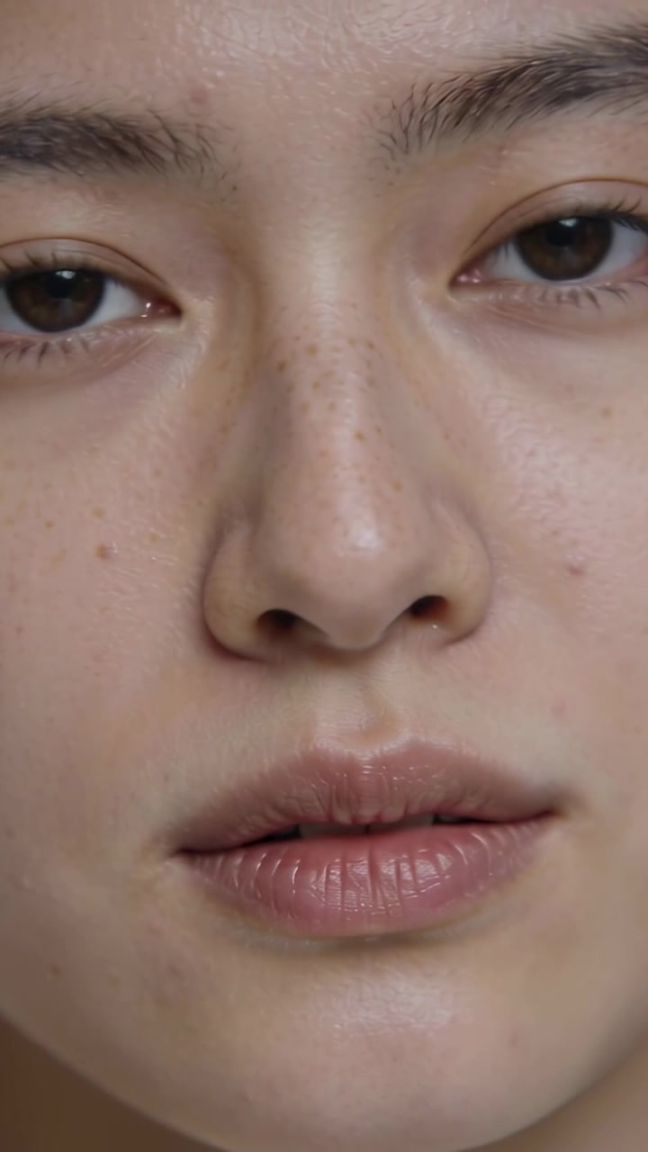 Video vertikal: Dimulai dengan close-up ketat, wanita memutar kepala dan menutup mata di studio untuk potret