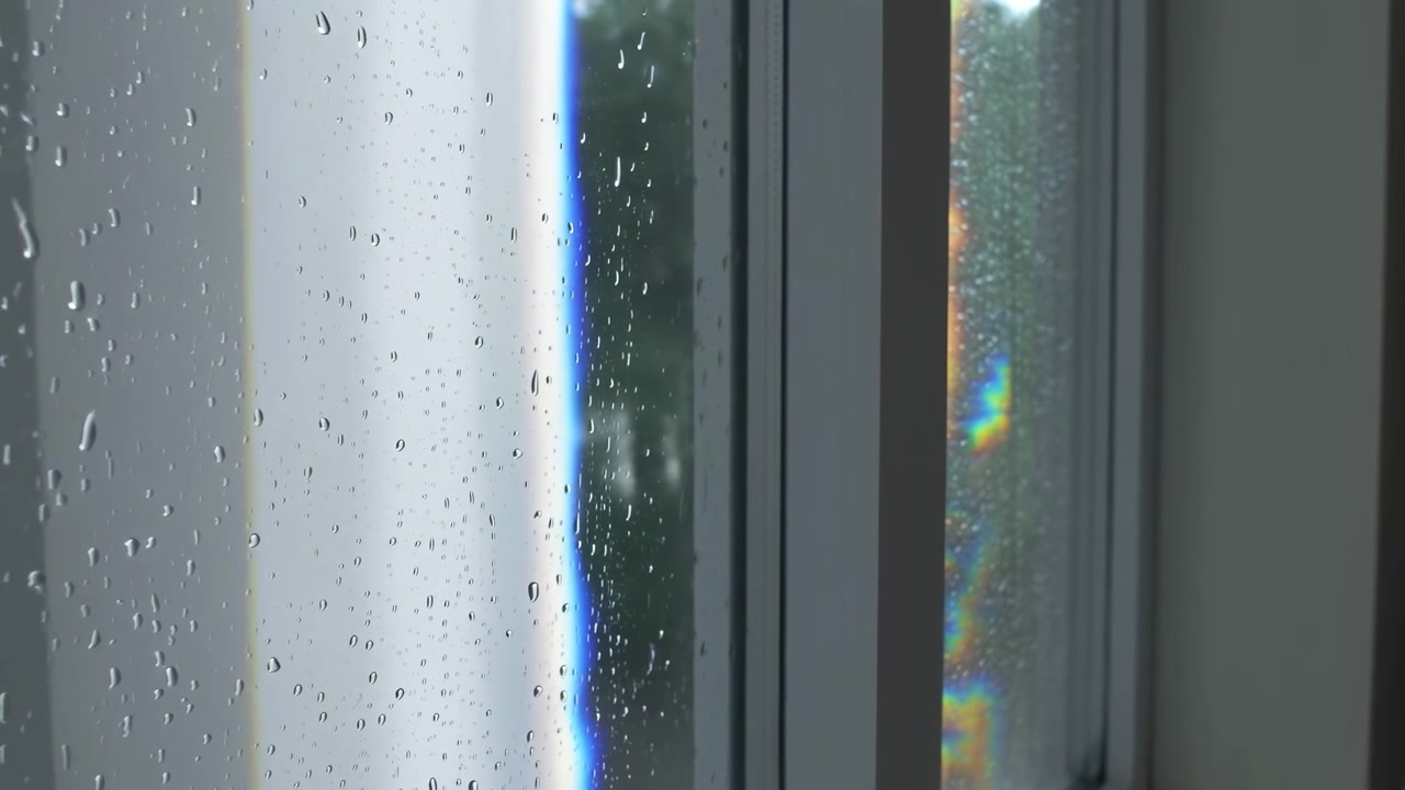 Des gouttes de pluie s'accrochent au verre à côté de cadres de fenêtre verticaux, avec une lumière du jour éclatante, un extérieur vert flou, des surfaces intérieures gris sourd, une subtile réfraction arc-en-ciel et une atmosphère calme, propre et moderne.