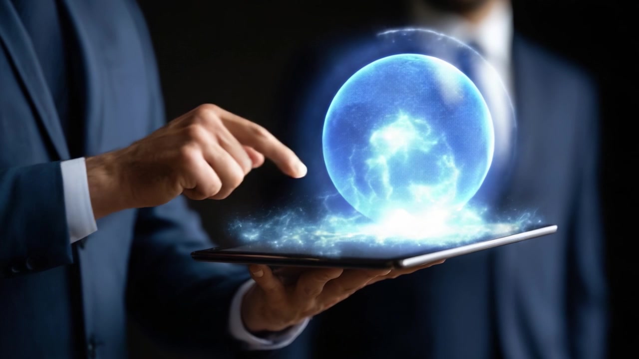 Il Futuro della Tecnologia: Un Uomo d'Affari con un'Interfaccia Digitale, che Manipola un'Orbita Cosmica di Energia e Innovazione su un Display Portatile