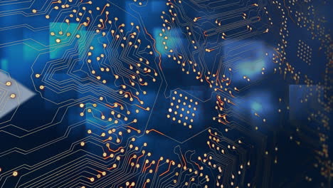 animación de las conexiones del microprocesador y múltiples iconos de flecha en movimiento sobre formas cuadradas azules