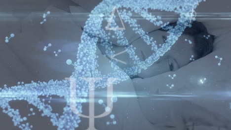 animación de símbolos matemáticos y hélice de adn, nucleótidos sobre mujer caucásica acostada en la cama