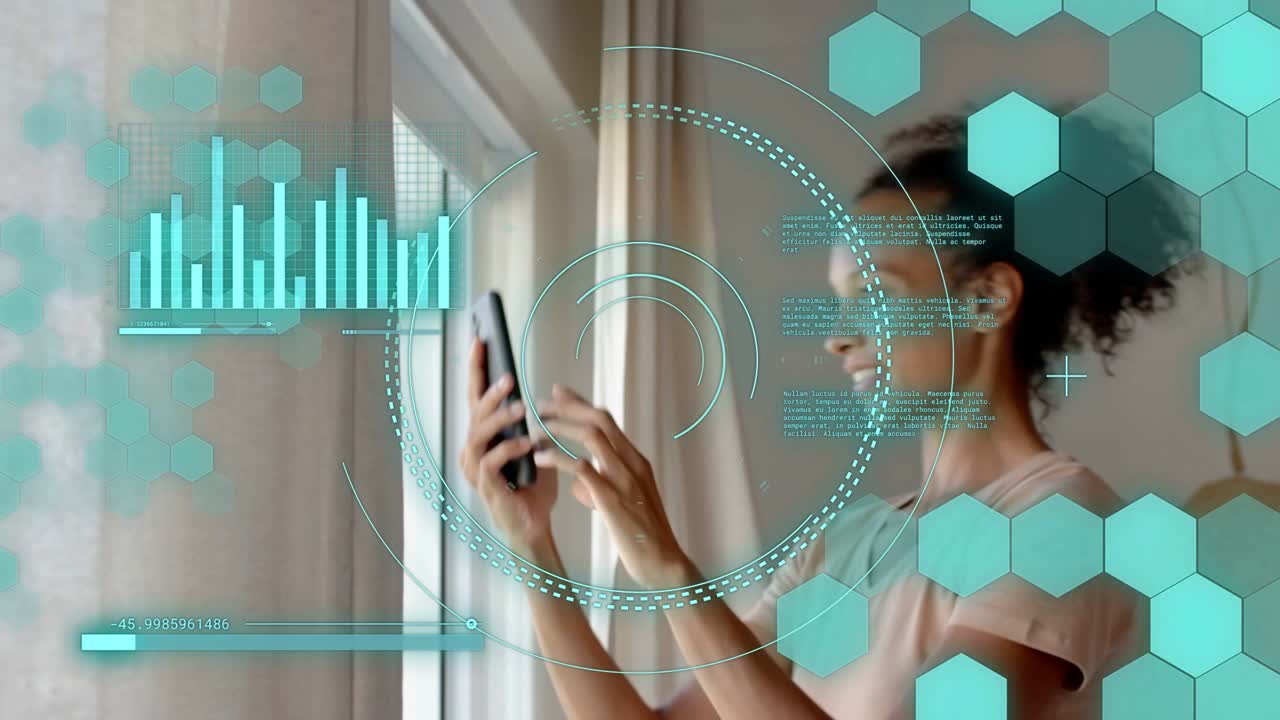Woman checking phone by window pulling curtain, framing scan, AR hex overlay guiding light tweaking