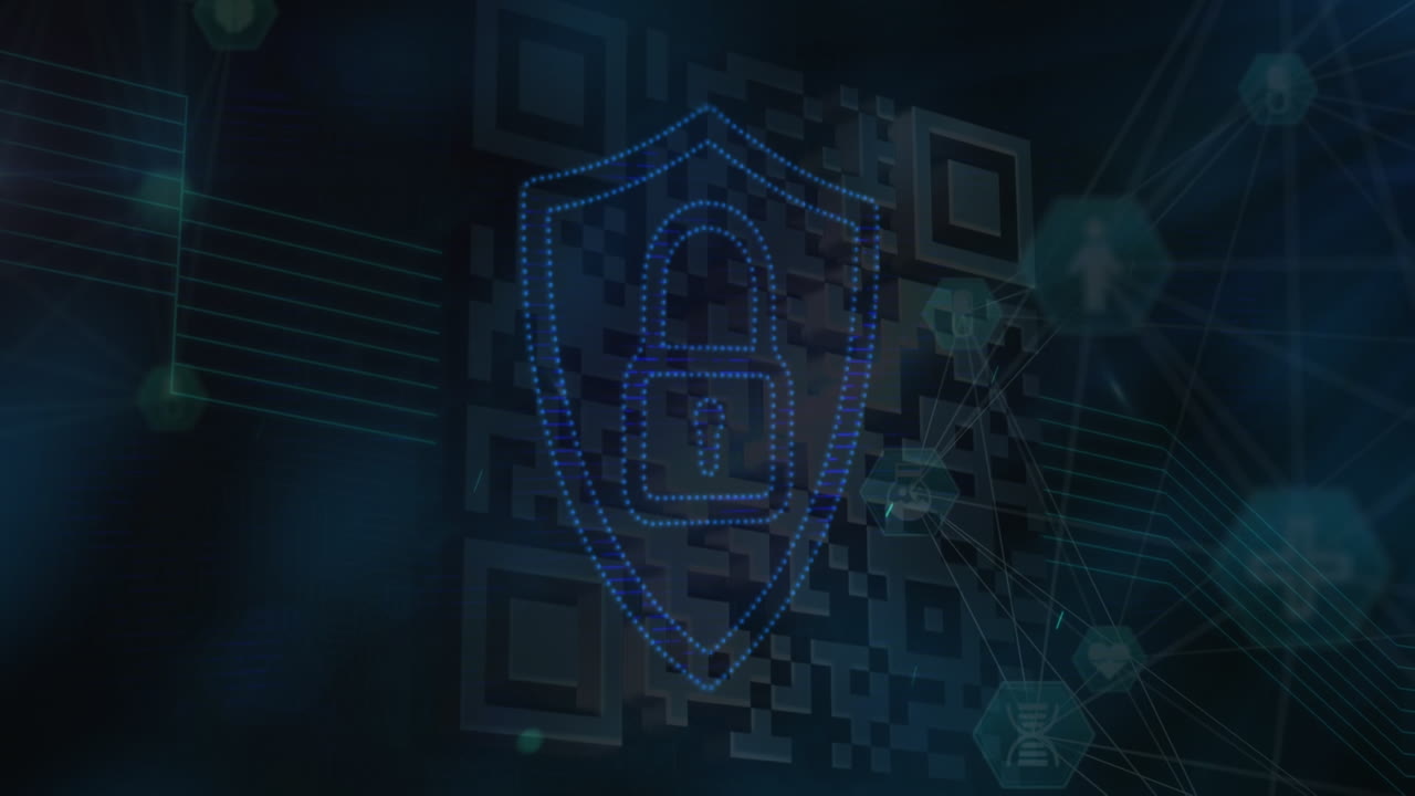 Animation of data and digital padlock on black background