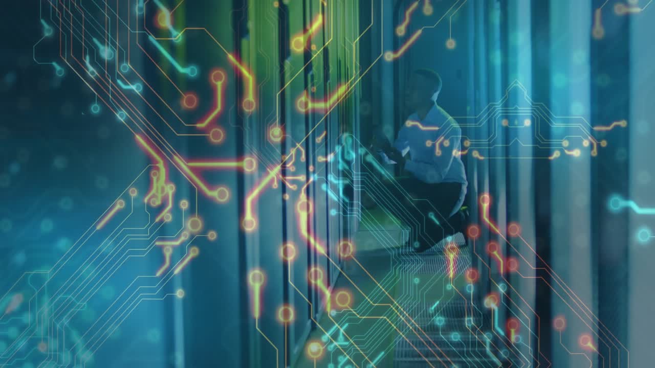 Circuit animation initiating technician kneeling at IT data center rack inserting drive for update