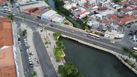 Canals-and-Ocean-in-Historical-Brazilian-Town-Olinda-Beautiful-Portuguese-Architecture-Recife,-Brazil-by-Drone-4k-Aerial-Nature-+-Travel