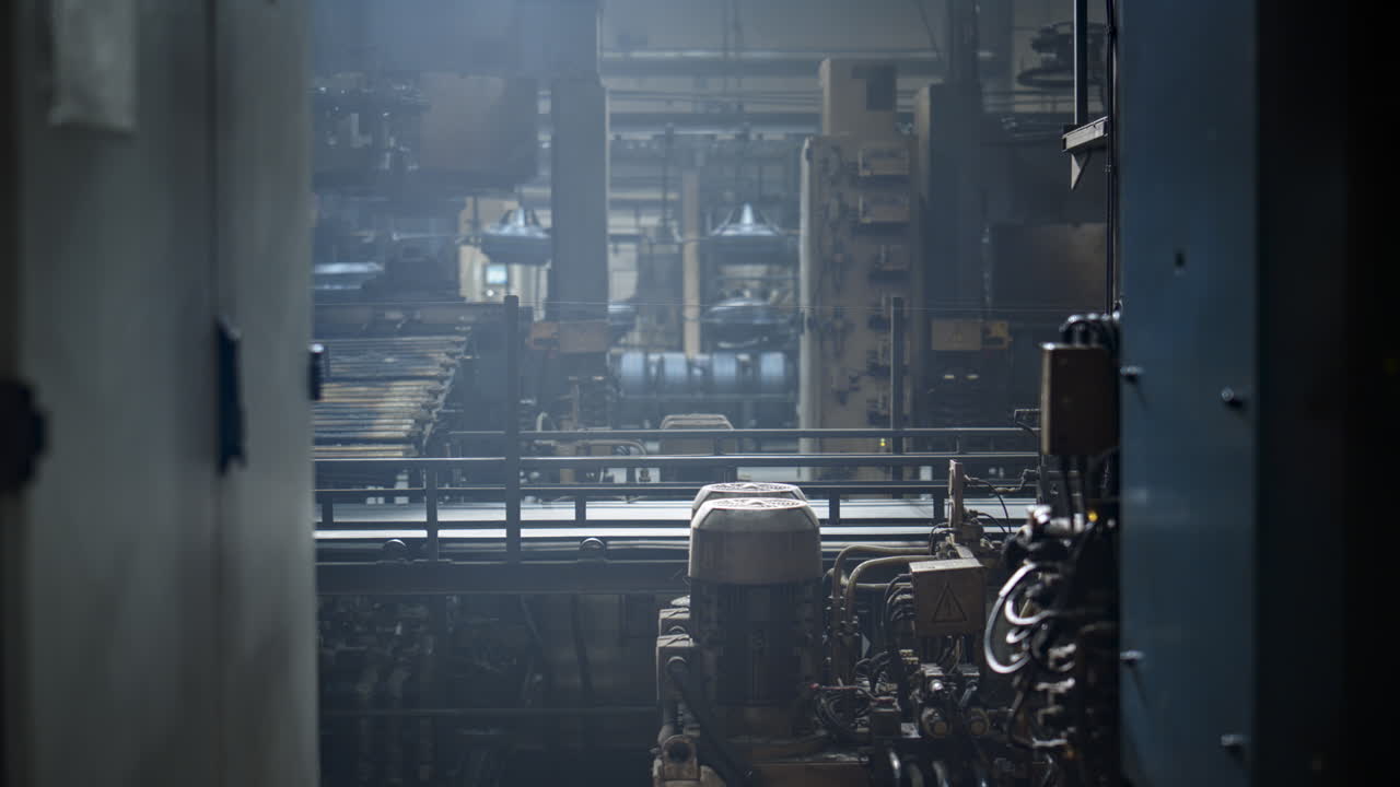 Tyre stamping plant building indoors with automated modern conveyor background