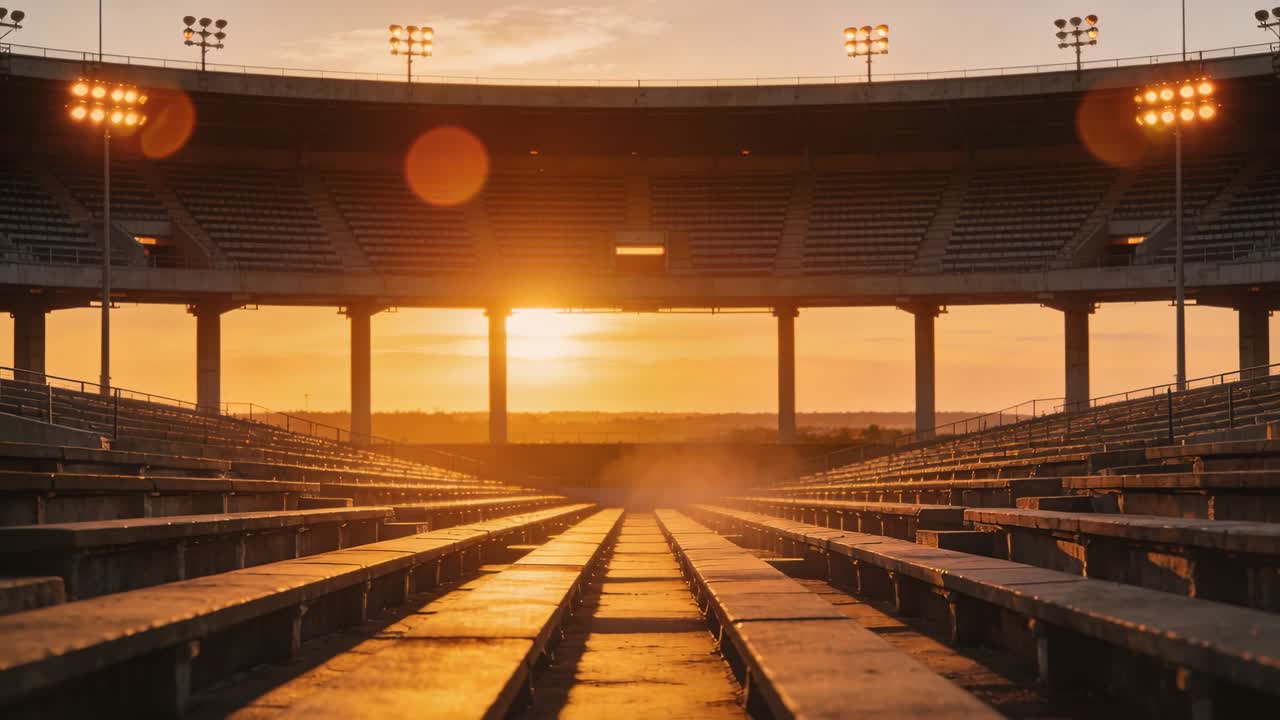 Il sole che tramonta proietta un caldo bagliore lungo il corridoio centrale vuoto, sui sedili e sui pali dello stadio, mentre la foschia si dirada.