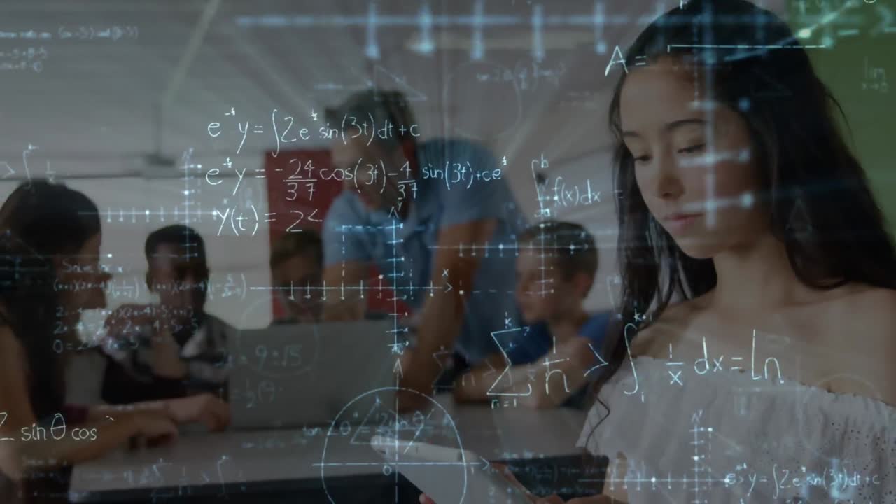 초등학교에서 디지털 태블릿을 사용하는 백인 소녀에 대해 떠다니는 수학 방정식