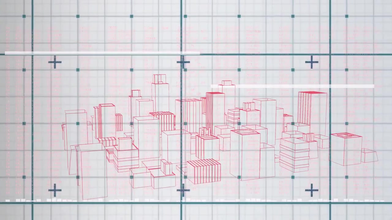白い背景に、建物の3Dモデルの上にグリッドパターンとプラス記号のアニメーション。